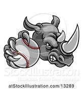 Vector Illustration of Tough Rhino Monster Mascot Holding out a Baseball in One Clawed Paw by AtStockIllustration