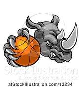 Vector Illustration of Tough Rhino Monster Mascot Holding out a Basketball in One Clawed Paw by AtStockIllustration