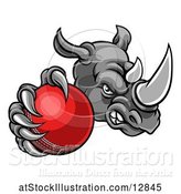 Vector Illustration of Tough Rhino Monster Mascot Holding out a Cricket Ball in One Clawed Paw by AtStockIllustration