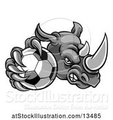 Vector Illustration of Tough Rhino Monster Mascot Holding out a Soccer Ball in One Clawed Paw by AtStockIllustration