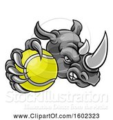 Vector Illustration of Tough Rhino Monster Mascot Holding out a Tennis Ball in One Clawed Paw by AtStockIllustration