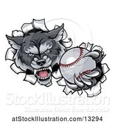 Vector Illustration of Tough Wolf Monster Mascot Holding out a Baseball in One Clawed Paw and Breaking Through a Wall by AtStockIllustration