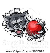 Vector Illustration of Tough Wolf Monster Mascot Holding out a Cricket Ball in One Clawed Paw and Breaking Through a Wall by AtStockIllustration