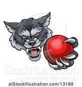 Vector Illustration of Tough Wolf Monster Mascot Holding out a Cricket Ball in One Clawed Paw by AtStockIllustration