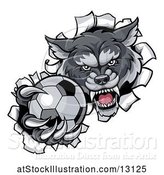 Vector Illustration of Tough Wolf Monster Mascot Holding out a Soccer Ball in One Clawed Paw and Breaking Through a Wall by AtStockIllustration