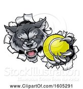 Vector Illustration of Tough Wolf Monster Mascot Holding out a Tennis Ball in One Clawed Paw and Breaking Through a Wall by AtStockIllustration