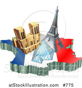 Vector Illustration of Tourist Attractions of Notre Dame De Paris Cathedral, Eiffel Tower, and the Louvre Pyramid over a Map and French Flag by AtStockIllustration