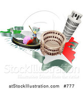 Vector Illustration of Tourist Attractions of the Leaning Tower of Pisa, Roman Coliseum Flavian Amphitheatre and Venice Italy Gondola and Italian Flag by AtStockIllustration