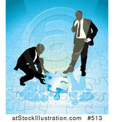 Vector Illustration of Two Businessmen Completing a Blue Jigsaw Puzzle Together by AtStockIllustration