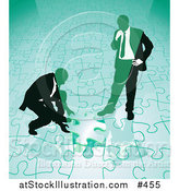 Vector Illustration of Two Businessmen Completing a Green Jigsaw Puzzle Together by AtStockIllustration