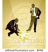 Vector Illustration of Two Businessmen Completing a Yellow Jigsaw Puzzle Together by AtStockIllustration
