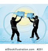 Vector Illustration of Two Businessmen Working Together to Connect a Plug and Socket over Blue by AtStockIllustration
