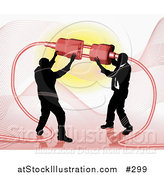Vector Illustration of Two Businessmen Working Together to Connect a Plug and Socket over Red by AtStockIllustration
