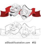 Vector Illustration of Two Face Masks, One Happy and One Sad, on a Red Ribbon for a Theater by AtStockIllustration