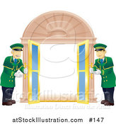 Vector Illustration of Two Friendly Door Men in Green Uniforms, Opening Double Doors by AtStockIllustration