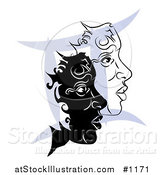 Vector Illustration of Two Twin Faces over a Blue Gemini Astrological Sign of the Zodiac by AtStockIllustration