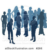 Vector Illustration of Two Women Chatting Among a Crowd of Silhouetted Blue People by AtStockIllustration