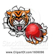Vector Illustration of Vicious Tiger Mascot Breaking Through a Wall with a Cricket Ball by AtStockIllustration