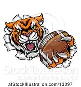 Vector Illustration of Vicious Tiger Mascot Breaking Through a Wall with a Football by AtStockIllustration