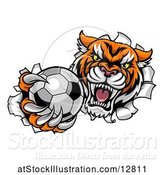 Vector Illustration of Vicious Tiger Mascot Breaking Through a Wall with a Soccer Ball by AtStockIllustration