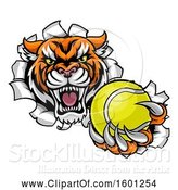 Vector Illustration of Vicious Tiger Mascot Breaking Through a Wall with a Tennis Ball by AtStockIllustration
