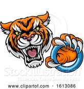 Vector Illustration of Vicious Tiger Sports Mascot Grabbing a Ringette Ring by AtStockIllustration