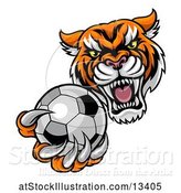 Vector Illustration of Vicious Tiger Sports Mascot Grabbing a Soccer Ball by AtStockIllustration