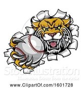 Vector Illustration of Vicious Wildcat Mascot Breaking Through a Wall with a Baseball by AtStockIllustration