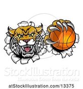 Vector Illustration of Vicious Wildcat Mascot Breaking Through a Wall with a Basketball by AtStockIllustration