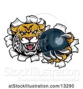 Vector Illustration of Vicious Wildcat Mascot Breaking Through a Wall with a Bowling Ball by AtStockIllustration