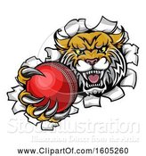 Vector Illustration of Vicious Wildcat Mascot Breaking Through a Wall with a Cricket Ball by AtStockIllustration