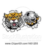 Vector Illustration of Vicious Wildcat Mascot Breaking Through a Wall with a Soccer Ball by AtStockIllustration