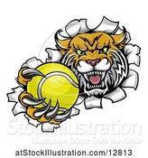 Vector Illustration of Vicious Wildcat Mascot Breaking Through a Wall with a Tennis Ball by AtStockIllustration