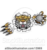 Vector Illustration of Vicious Wildcat Mascot Shredding Through a Wall with a Golf Ball by AtStockIllustration