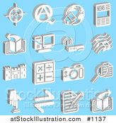 Vector Illustration of Viewfinder, Questions and Answers, Home and Globe, News, Book, Computer, Wireless Router, Music Notes, Castle, Math Symbols, Camera, Magnifying Glass, Button and Letter, over a Blue Background by AtStockIllustration