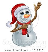 Vector Illustration of Waving Snowman Wearing a Santa Hat by AtStockIllustration