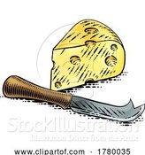 Vector Illustration of Wedge of Swiss Cheese Knife Vintage Woodcut Style by AtStockIllustration