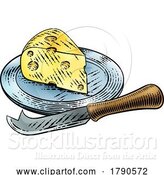Vector Illustration of Wedge of Swiss Cheese Knife Vintage Woodcut Style by AtStockIllustration