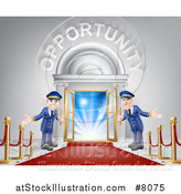 Vector Illustration of Welcoming Door Men at an Entry with a Red Carpet and Posts Under Opportunity Text by AtStockIllustration
