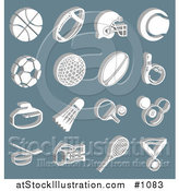 Vector Illustration of White Athletic Basketball, Football, Soccer, Golf, Rugby, Bowling, Badmitten, Ping Pong, Billiards, Hockey, Tennis, and Boxing Icons over a Blue Background by AtStockIllustration