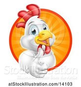 Vector Illustration of White Chicken Giving a Thumb up and Emerging from a Circle of Sun Rays by AtStockIllustration