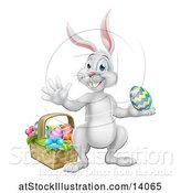 Vector Illustration of White Easter Bunny Rabbit Holding an Egg by a Basket by AtStockIllustration