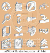 Vector Illustration of White Eye and Globe, Cash Register, Arrow, Magnifying Glass, Thought Bubble, Flashlight, Phone, Computer, Clapboard, and Film Reel Icons over an Orange Background by AtStockIllustration