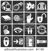 Vector Illustration of White Icons over a Black Background, Including a Computer over a Globe, Bomb, Cogs, Letter, Book, Film Reel, Reminder on a Finger, Padlock, Magnifying Glass, Eye, Messenger, Clock, Doorway, and Flashlight by AtStockIllustration