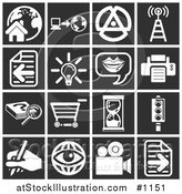 Vector Illustration of White Icons over a Black Background, Including a House, Computer and Globe, Signals Tower, Letter, Lightbulb, Messenger, Printer, Research, Shopping Cart, Hourglass, Stop Light, Writing, Eyeball, and a Video Camera by AtStockIllustration