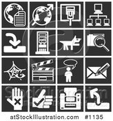 Vector Illustration of White Icons over a Black Background, Including Globes, Communications, Computers, a Dog, Files, Clapboard, Messenger, and a Letter by AtStockIllustration