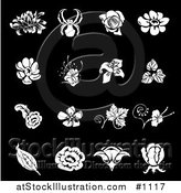 Vector Illustration of White Iris, Rose, Daisy and Tulip Flower Icons over a Black Background by AtStockIllustration