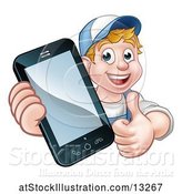 Vector Illustration of White Male Handyman Giving a Thumb up and Holding out a Smart Phone by AtStockIllustration