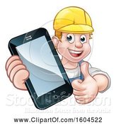 Vector Illustration of White Male Handyman Holding out a Smart Phone and Thumb up over a Sign by AtStockIllustration