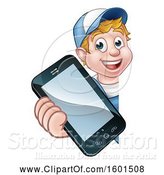 Vector Illustration of White Male Handyman Holding out a Smart Phone Around a Sign by AtStockIllustration